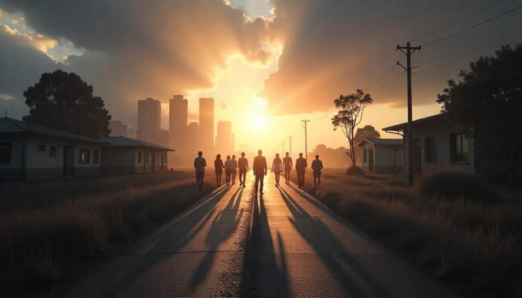 People on the road sunset