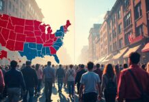 United States Electoral Map in the sky between buildings and people on the streets