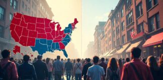 United States Electoral Map in the sky between buildings and people on the streets