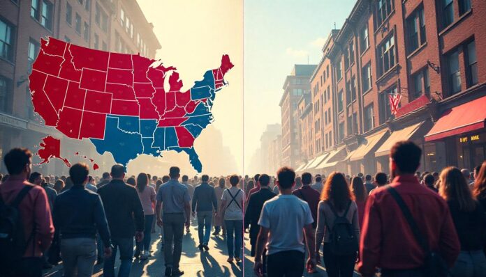 United States Electoral Map United States Electoral Map in the sky between buildings and people on the streets