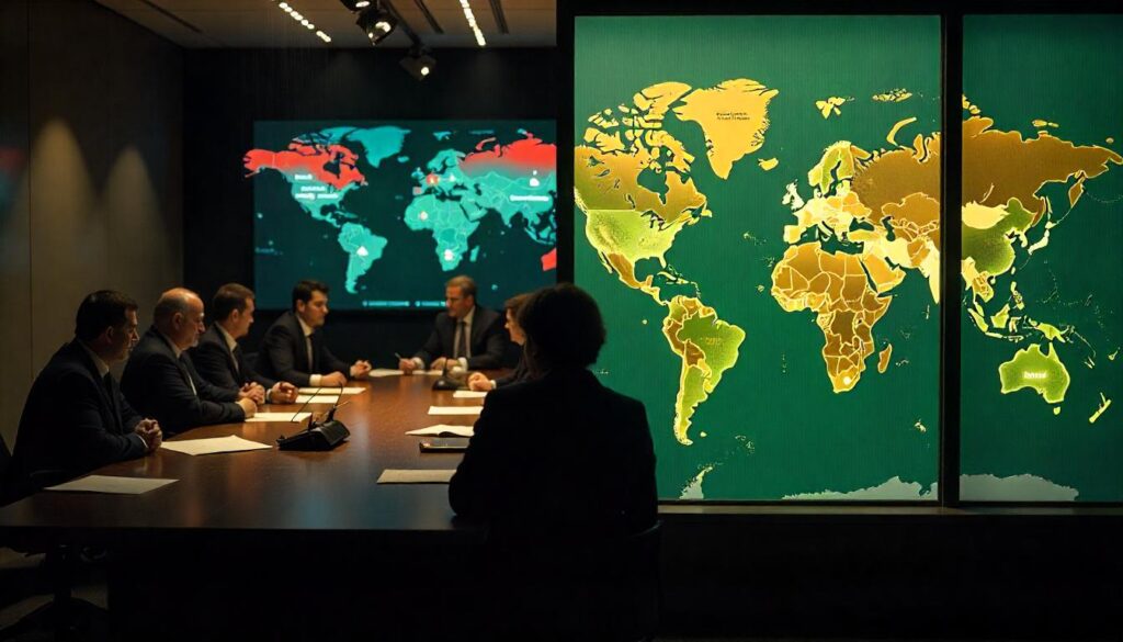 People in meeting discussing global politics and economy
