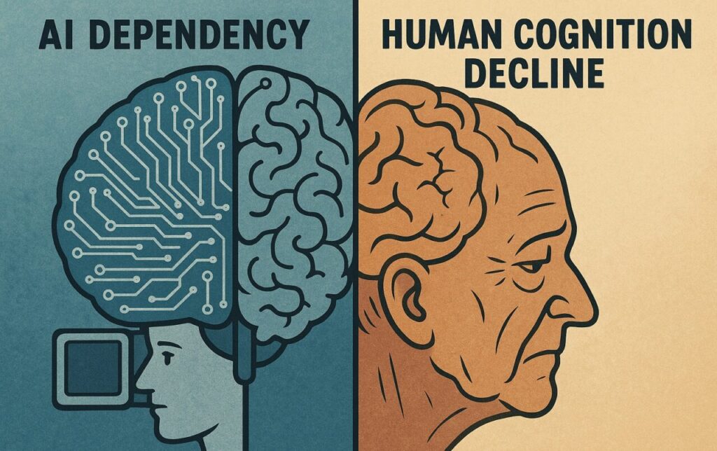 Infographic showing on left side brain with AI dependency and on right Human brain cognitive decline
