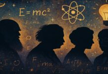 Illustration of 4 great scientists plus formulas like E=mc2