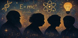 Illustration of 4 great scientists plus formulas like E=mc2