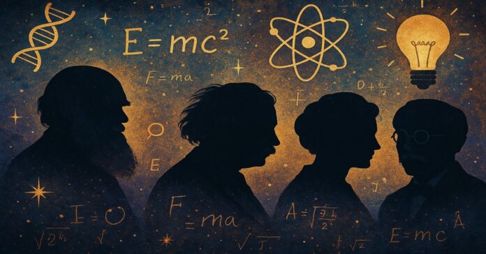 Greatest scientists Illustration of 4 great scientists plus formulas like E=mc2