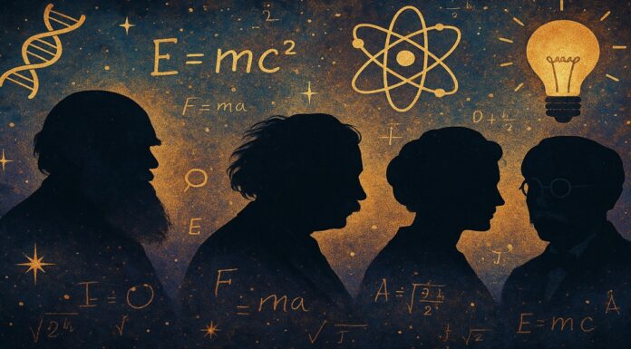 Illustration of 4 great scientists plus formulas like E=mc2