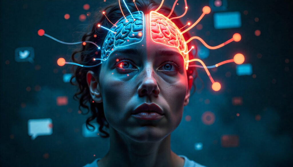Person's brain connected to AI