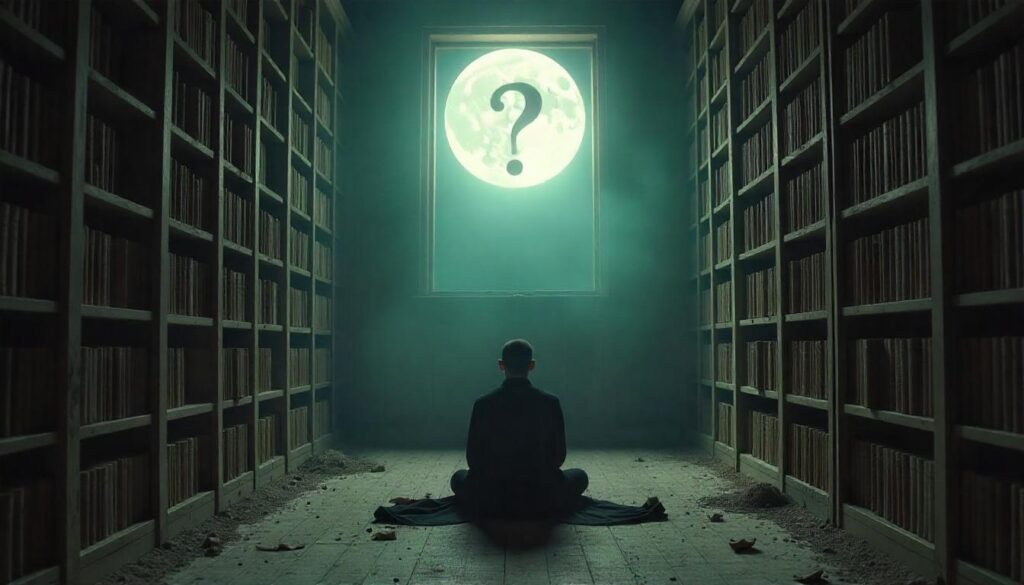 Person sitting in dark library with question mark above his head