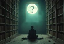 Person sitting in dark library with question mark above his head