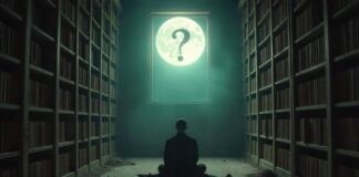 Person sitting in dark library with question mark above his head