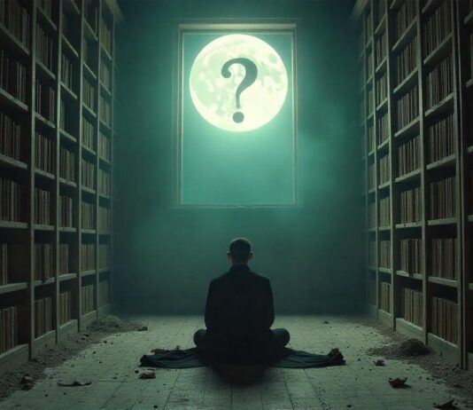Person sitting in dark library with question mark above his head