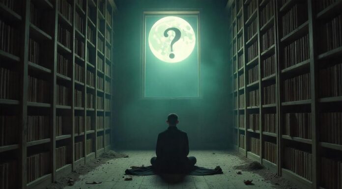 Person sitting in dark library with question mark above his head