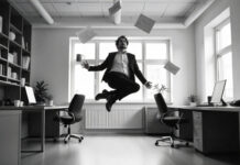 Person floating in office black and white