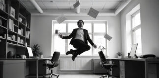 Person floating in office black and white