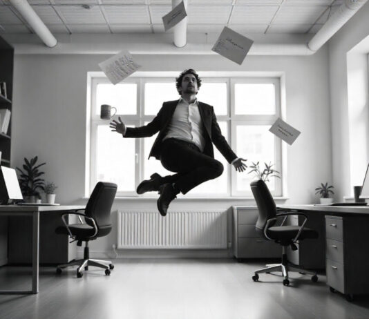 Person floating in office black and white