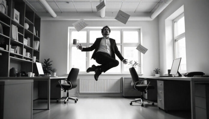 Person floating Person floating in office black and white