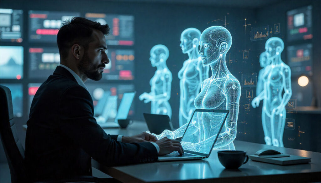 Digital clones and person in front of laptop