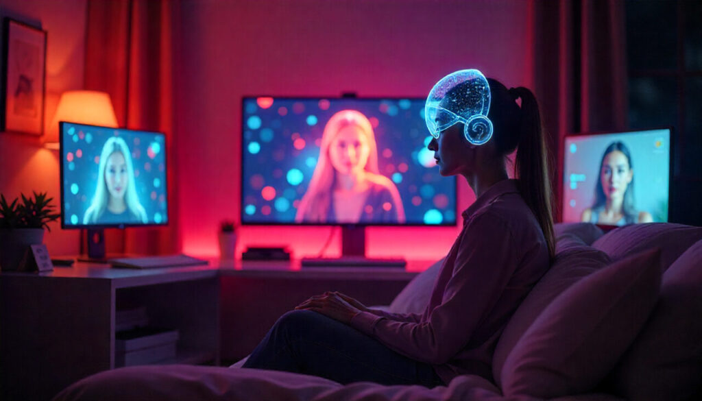 Female person sitting on bed in future with virtual glasses and neuro connected device