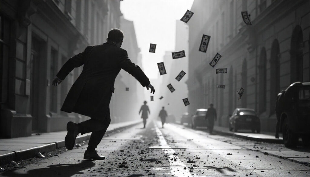 person chasing money